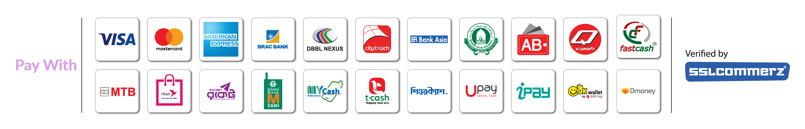 Pay with cards, mobile wallets, and banks — verified by SSLCommerz